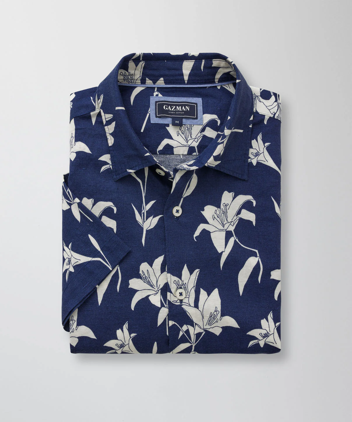 Linen Blend Floral Print Short Sleeve Shirt - Navy - Image 2