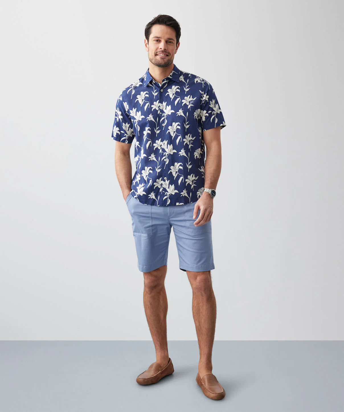 Linen Blend Floral Print Short Sleeve Shirt - Navy - Image 5