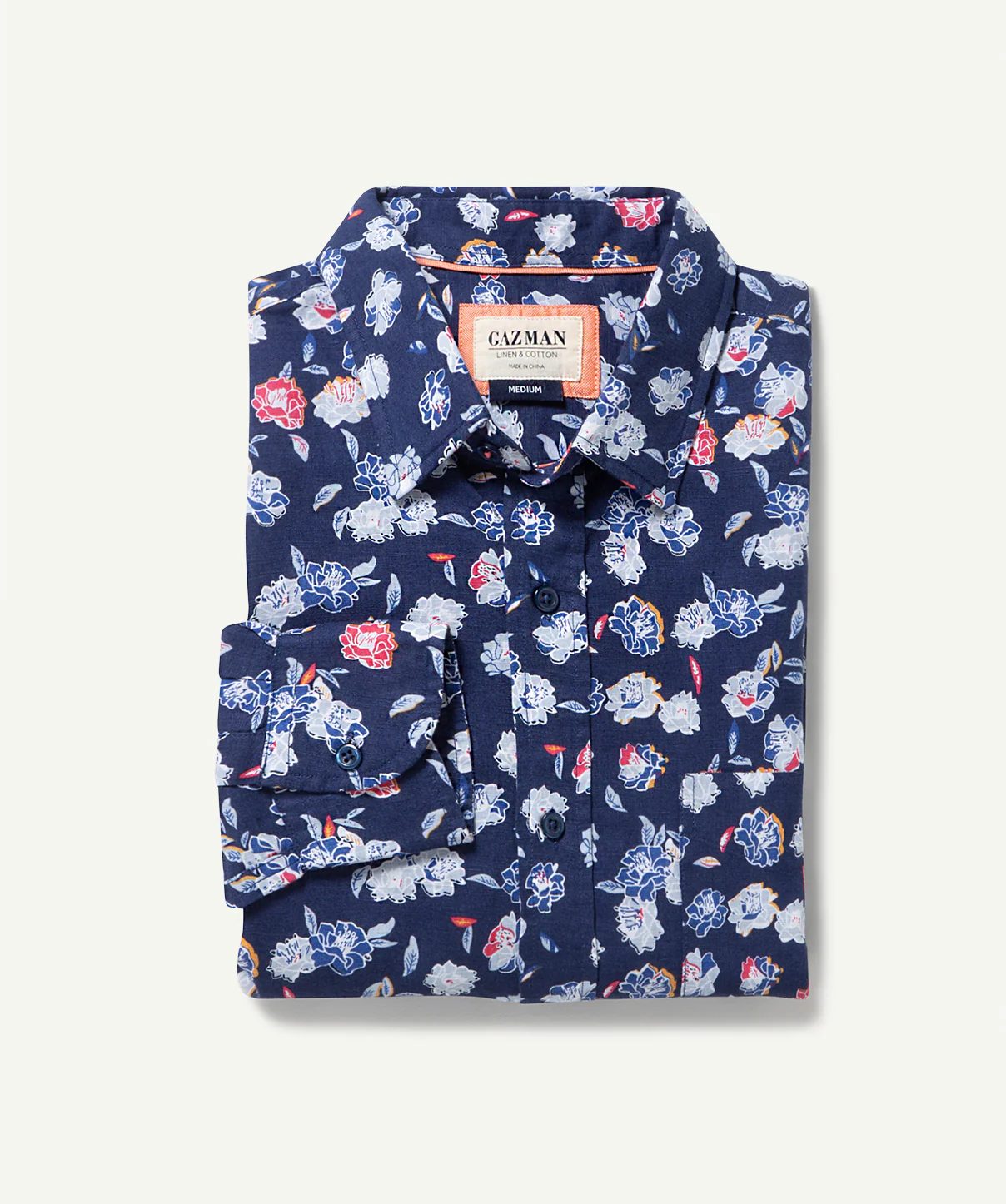 Linen Blend Floral Printed Long Sleeve Shirt - Navy - Image 2