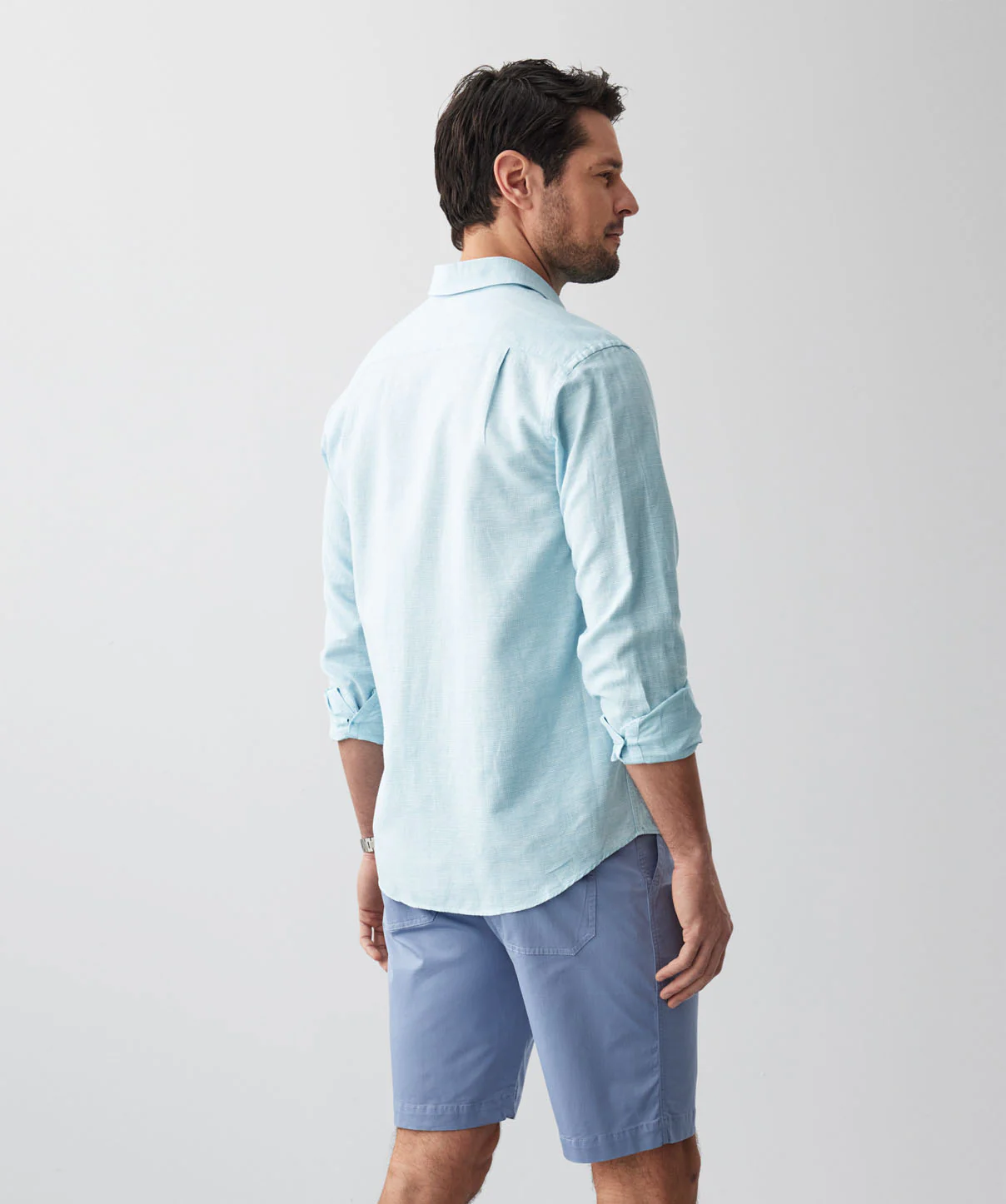Linen Blend Houndstooth Long Sleeve Shirt - Aqua - Image 3