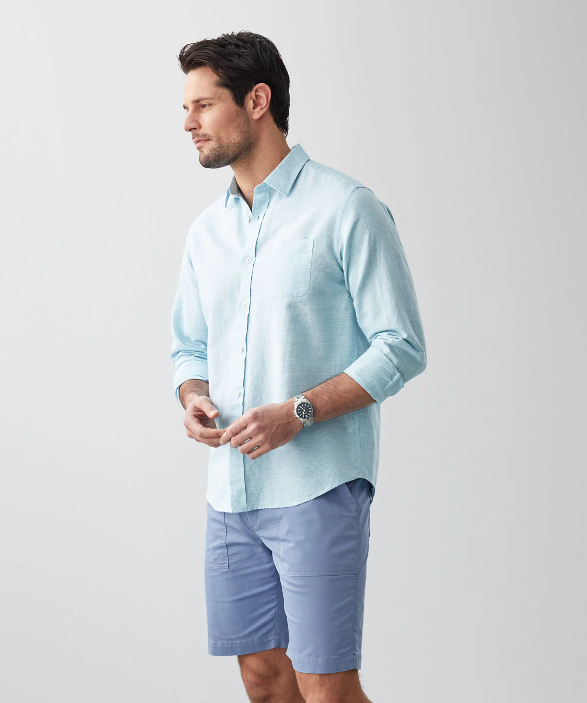 Linen Blend Houndstooth Long Sleeve Shirt - Aqua - Image 6