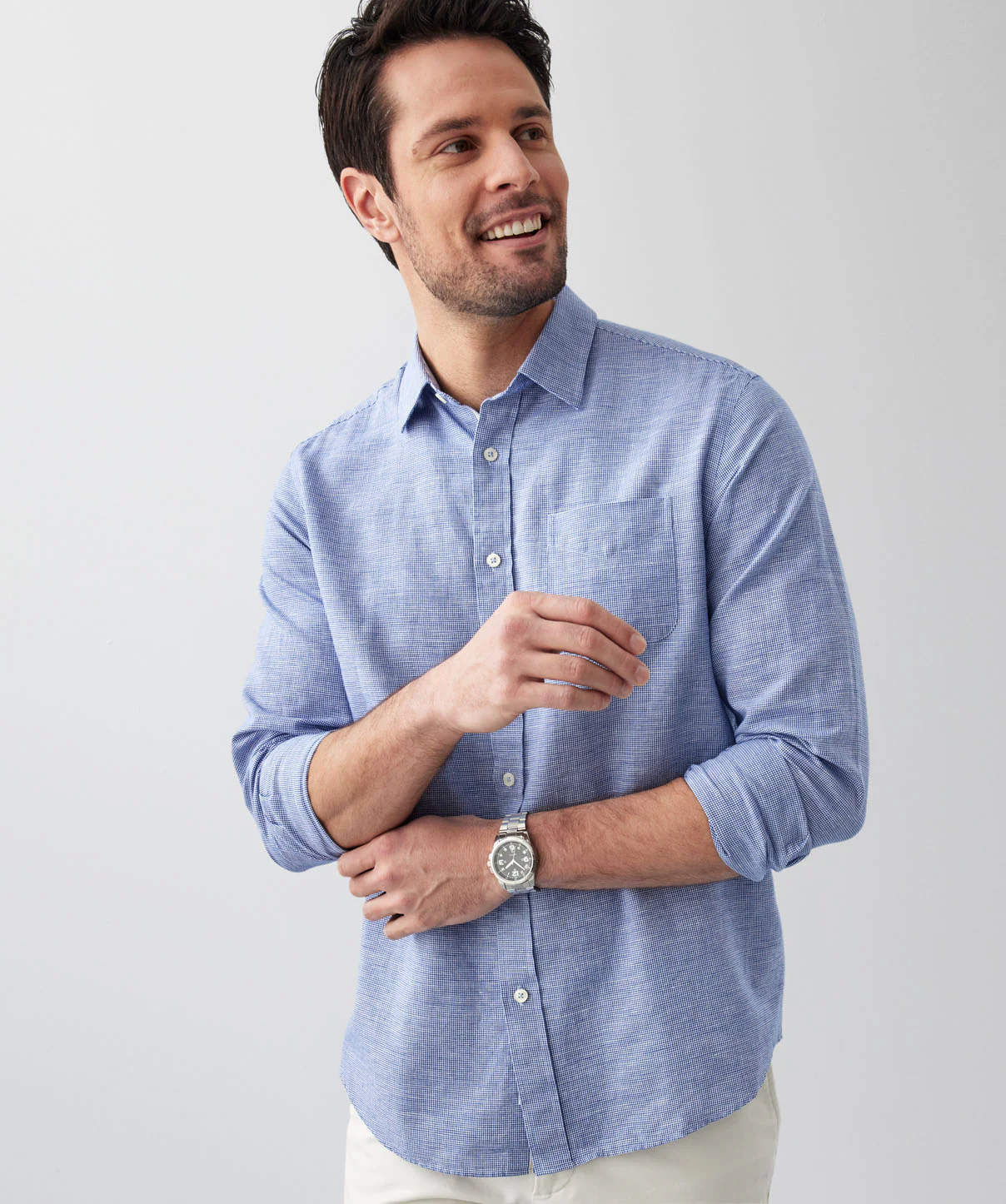 Linen Blend Houndstooth Long Sleeve Shirt - Navy - Image 4
