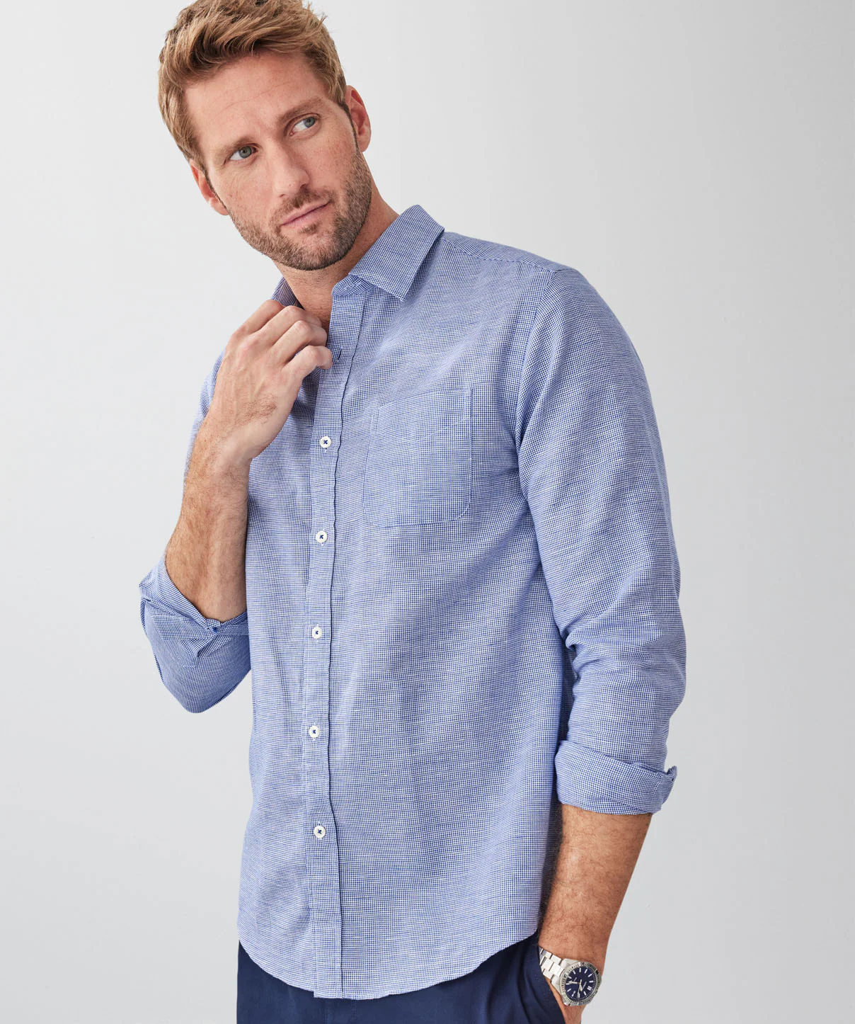 Linen Blend Houndstooth Long Sleeve Shirt - Navy - Image 3