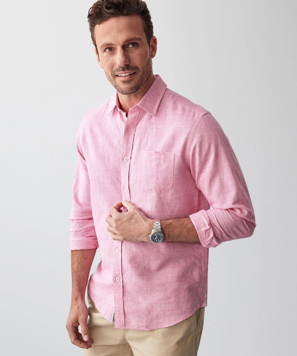 Linen Blend Houndstooth Long Sleeve Shirt - Raspberry - Image 4