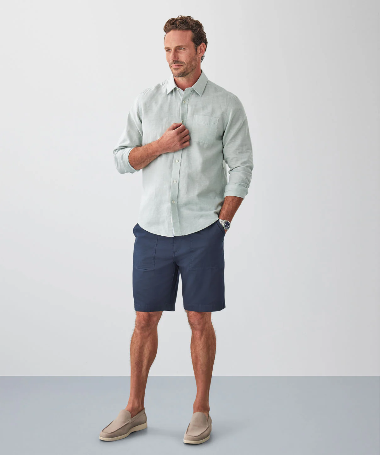 Linen Blend Houndstooth Long Sleeve Shirt - Sage - Image 4
