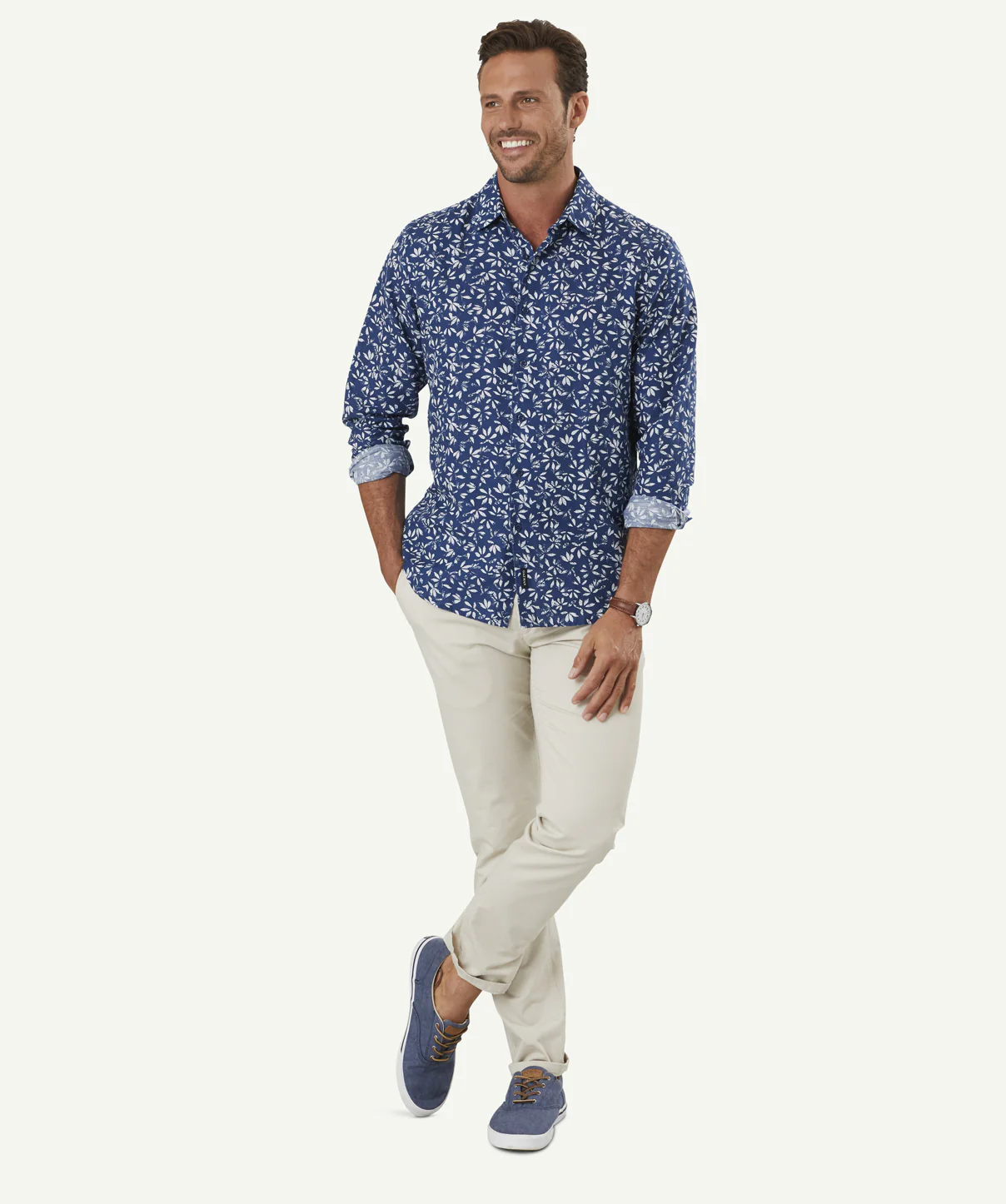 Linen Blend Leaf Print Shirt - Royal - Image 5