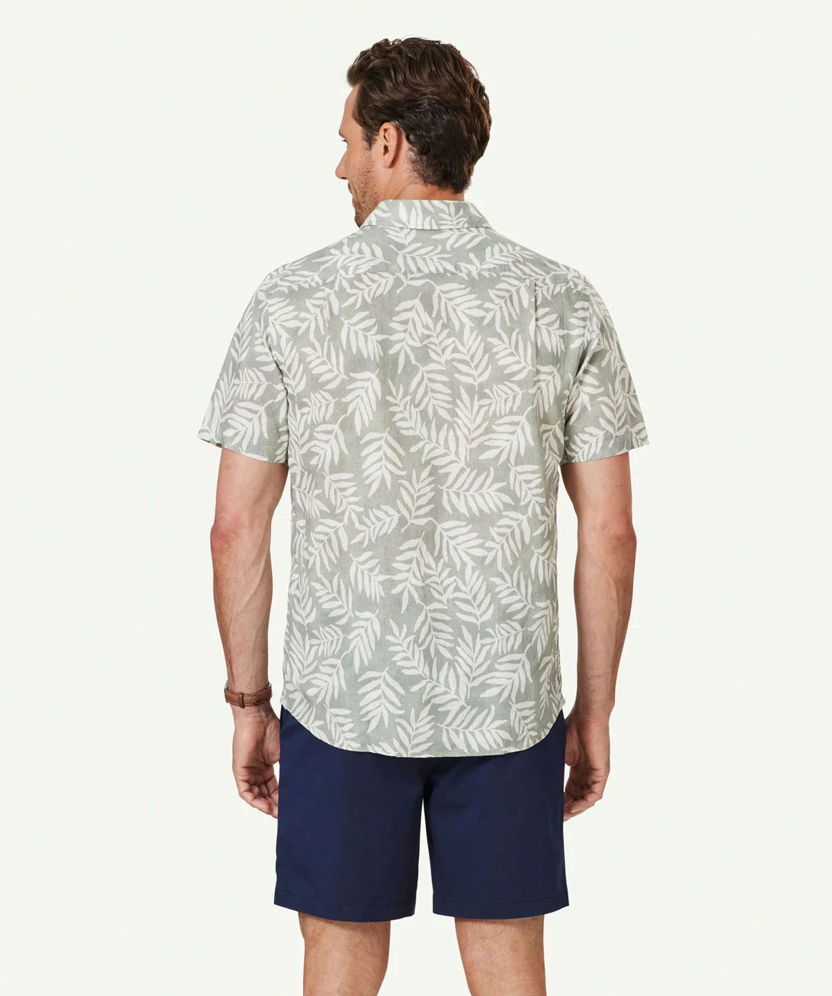 Linen Blend Leaf Print Short Sleeve Shirt - Sage - Image 3