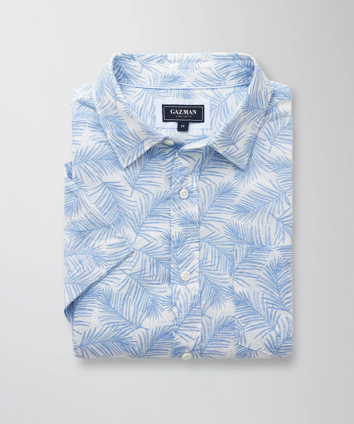Linen Blend Leaf Print Short Sleeve Shirt - Sky Blue - Image 2