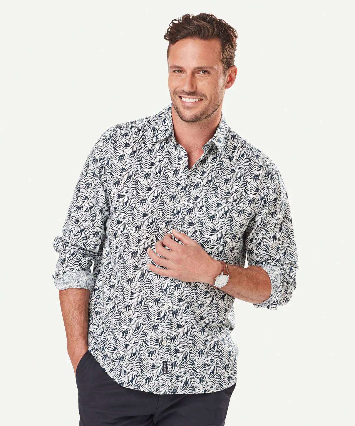 Linen Blend Leaf Printed Long Sleeve Shirt - Navy