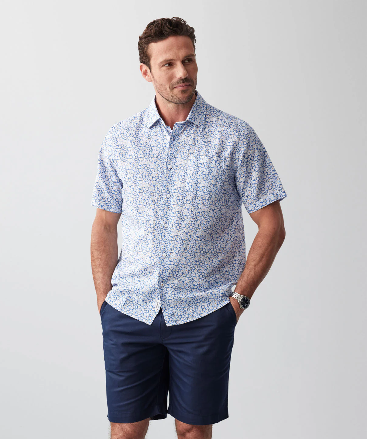 Linen Blend Mini Floral Short Sleeve Shirt - Blue