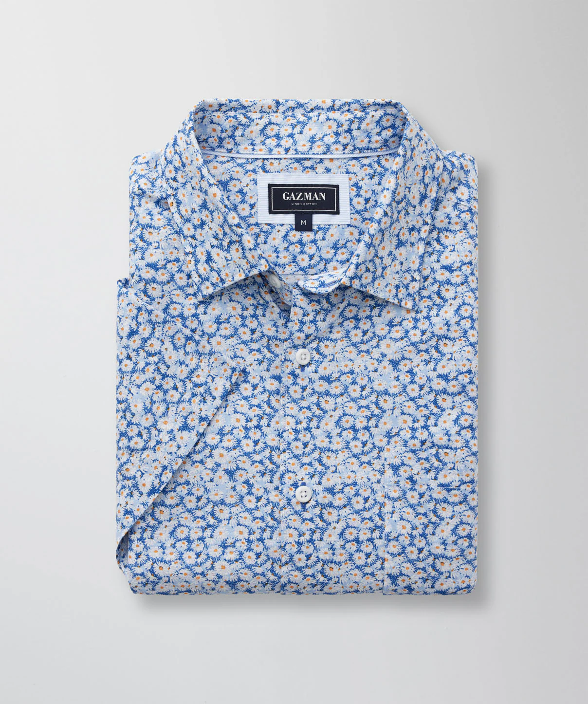 Linen Blend Mini Floral Short Sleeve Shirt - Blue - Image 2