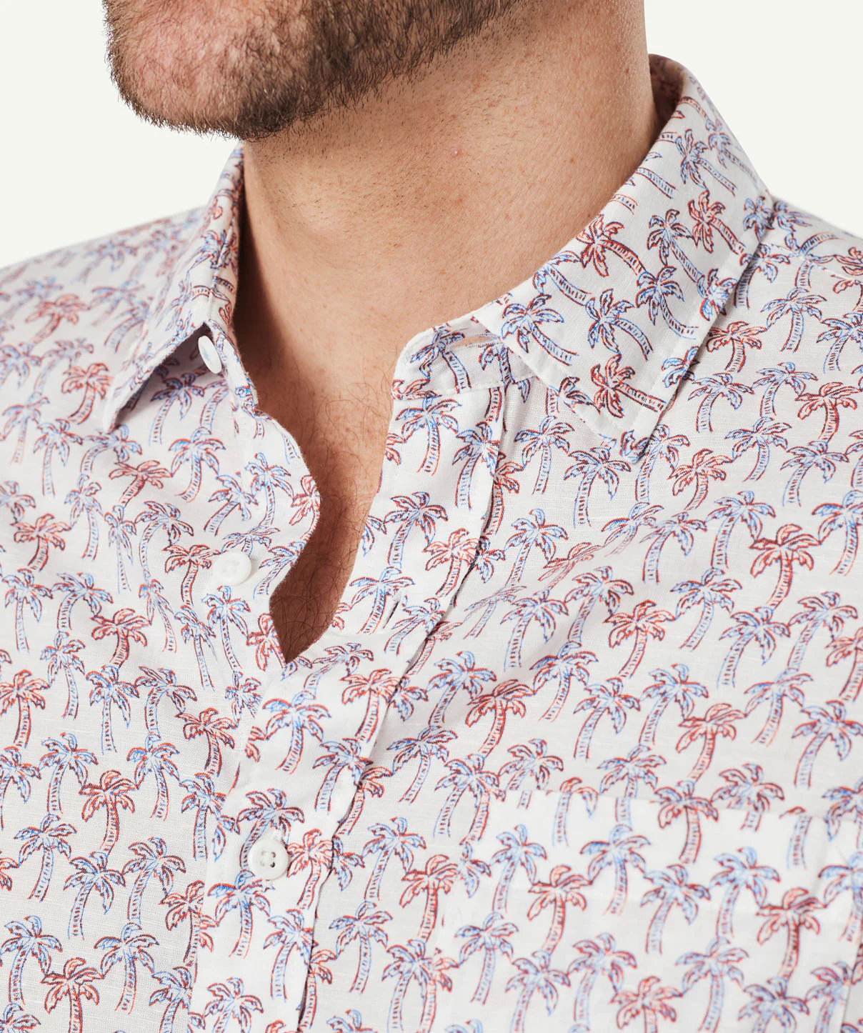 Linen Blend Palm Tree Print Short Sleeve Shirt - White - Image 4