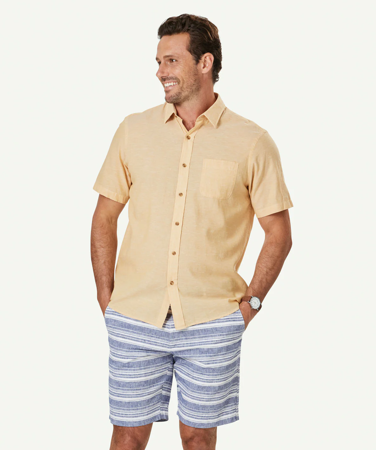 Linen Blend Plain Short Sleeve Shirt - Amber Yellow