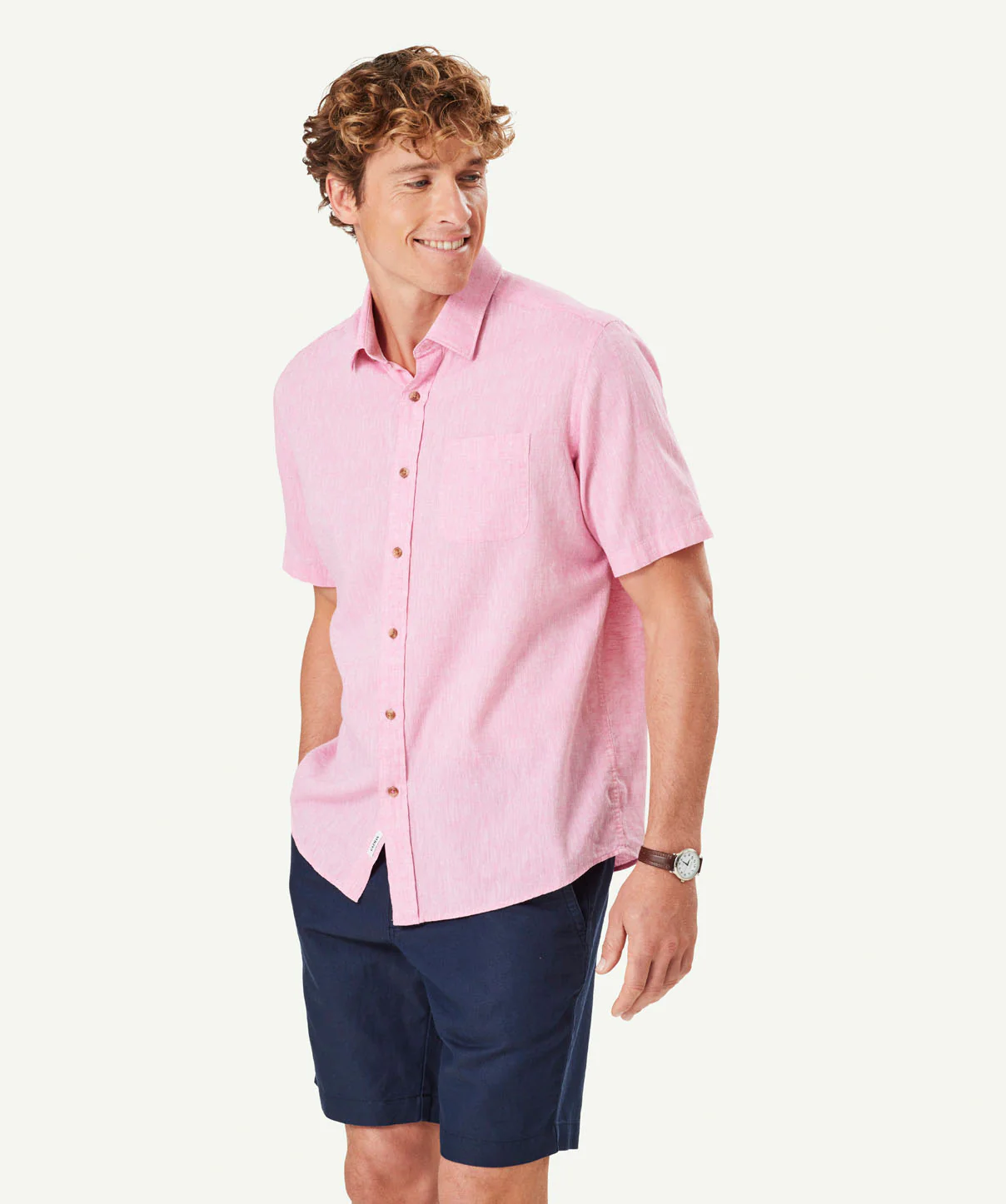 Linen Blend Plain Short Sleeve Shirt - Fuchsia - Image 5