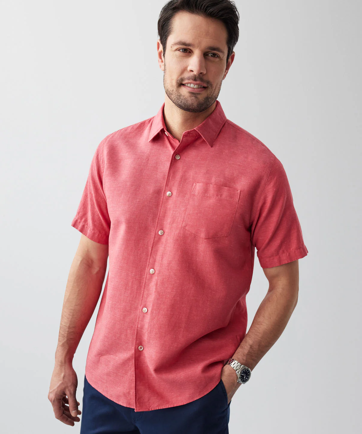 Linen Blend Plain Short Sleeve Shirt - Raspberry - Image 4