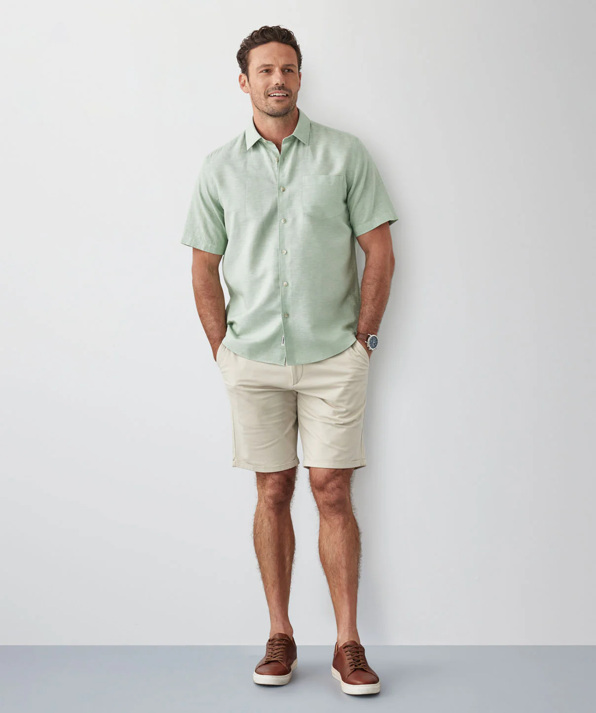 Linen Blend Plain Short Sleeve Shirt - Sage - Image 5