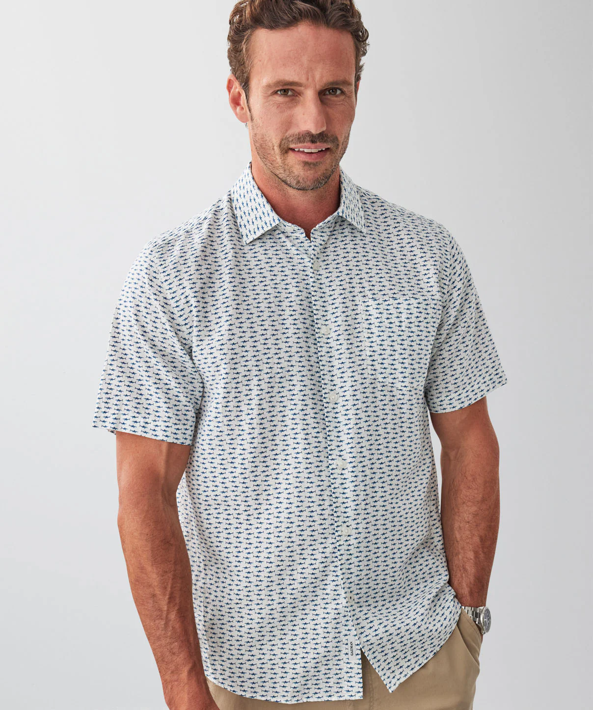 Linen Blend Shark Print Short Sleeve Shirt - White - Image 3