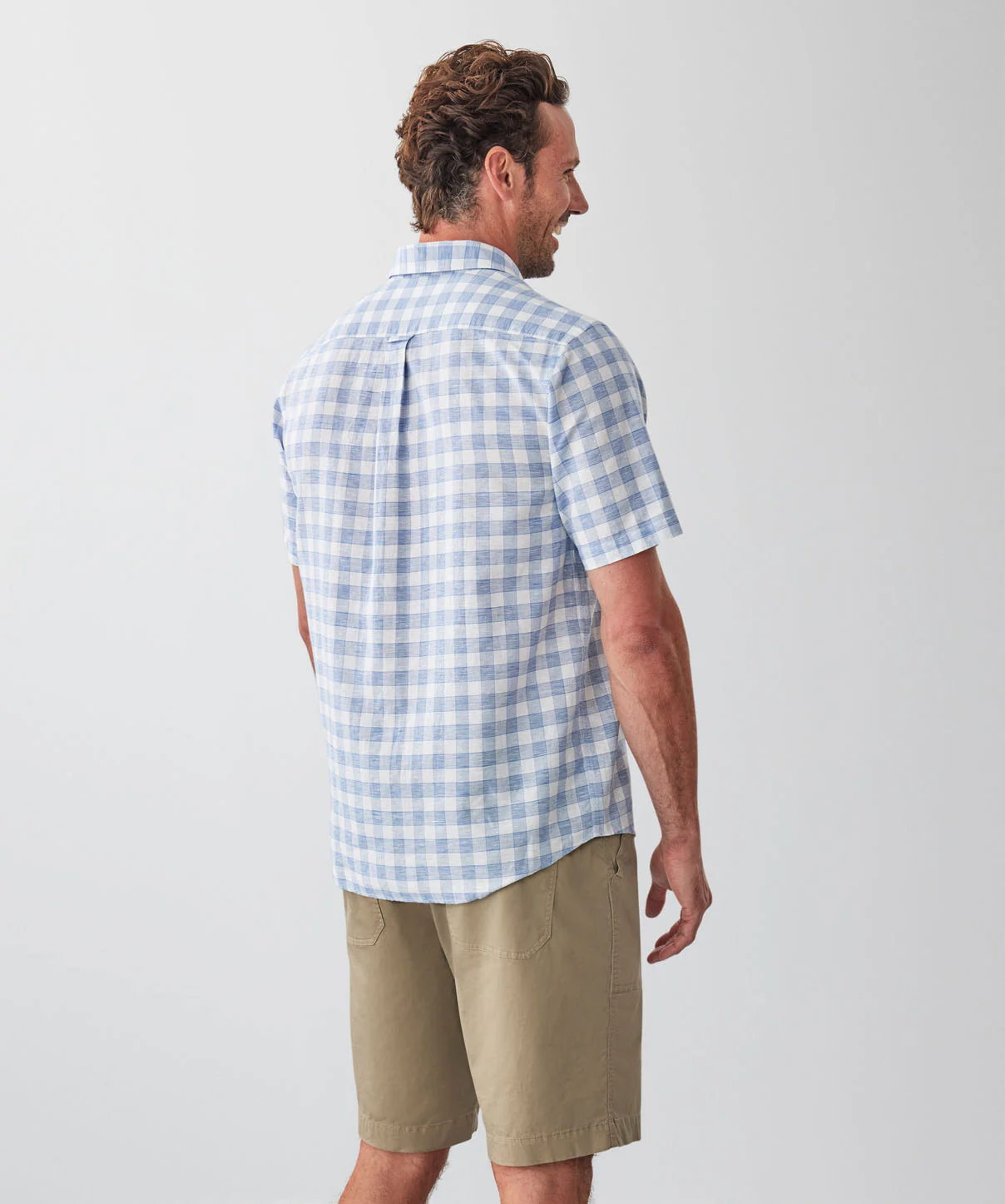 Linen Blend Short Sleeve Check Shirt - Sky Blue - Image 2