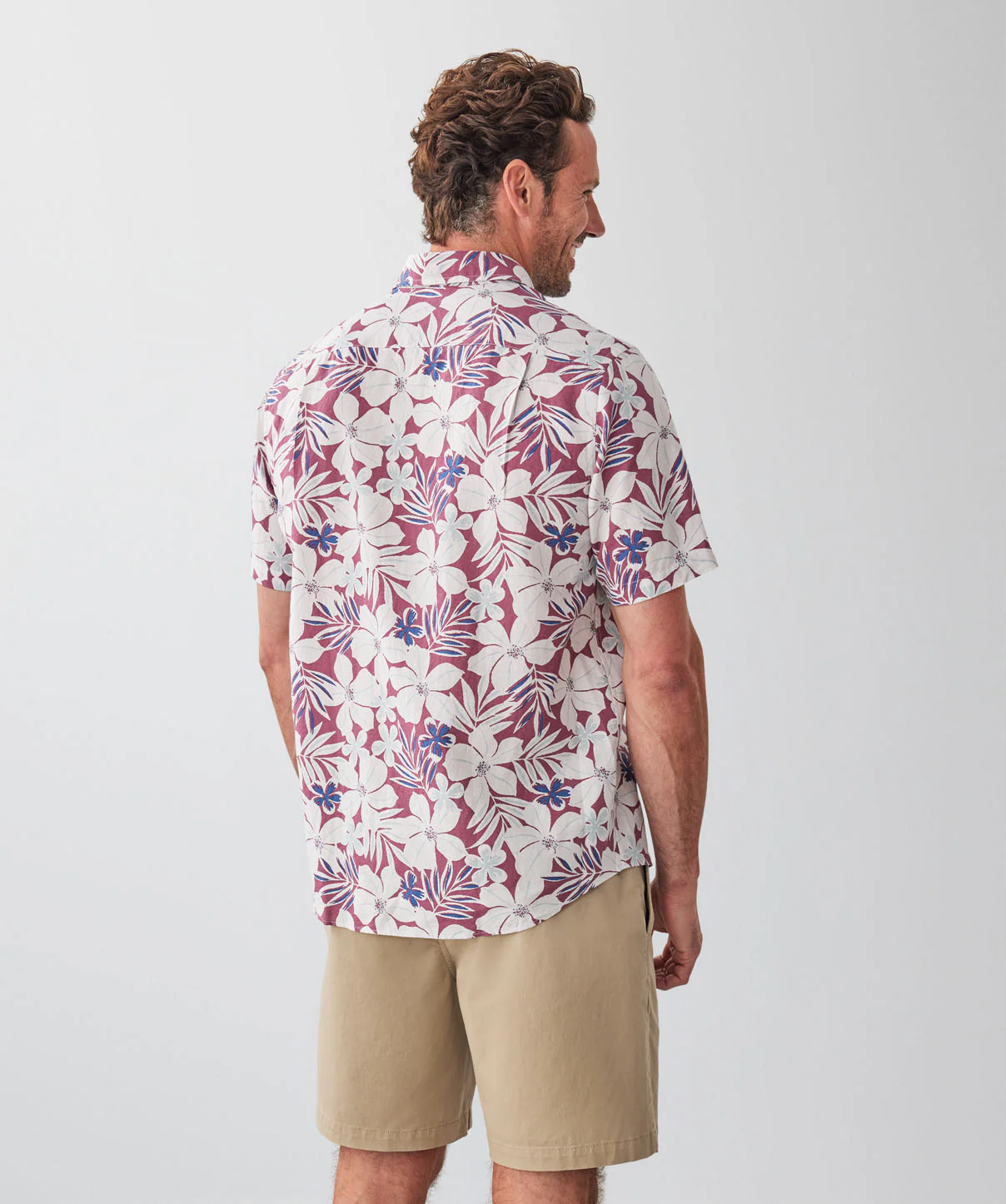 Linen Blend Tropical Print Short Sleeve Shirt - Raspberry - Image 2