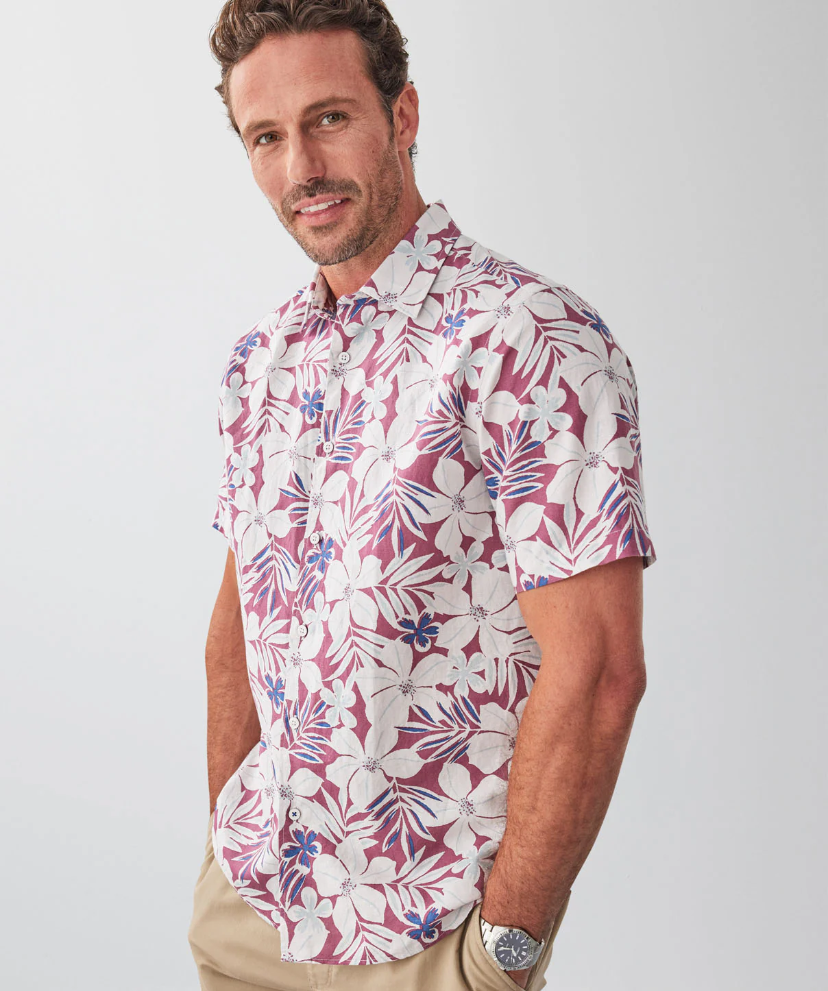 Linen Blend Tropical Print Short Sleeve Shirt - Raspberry - Image 3