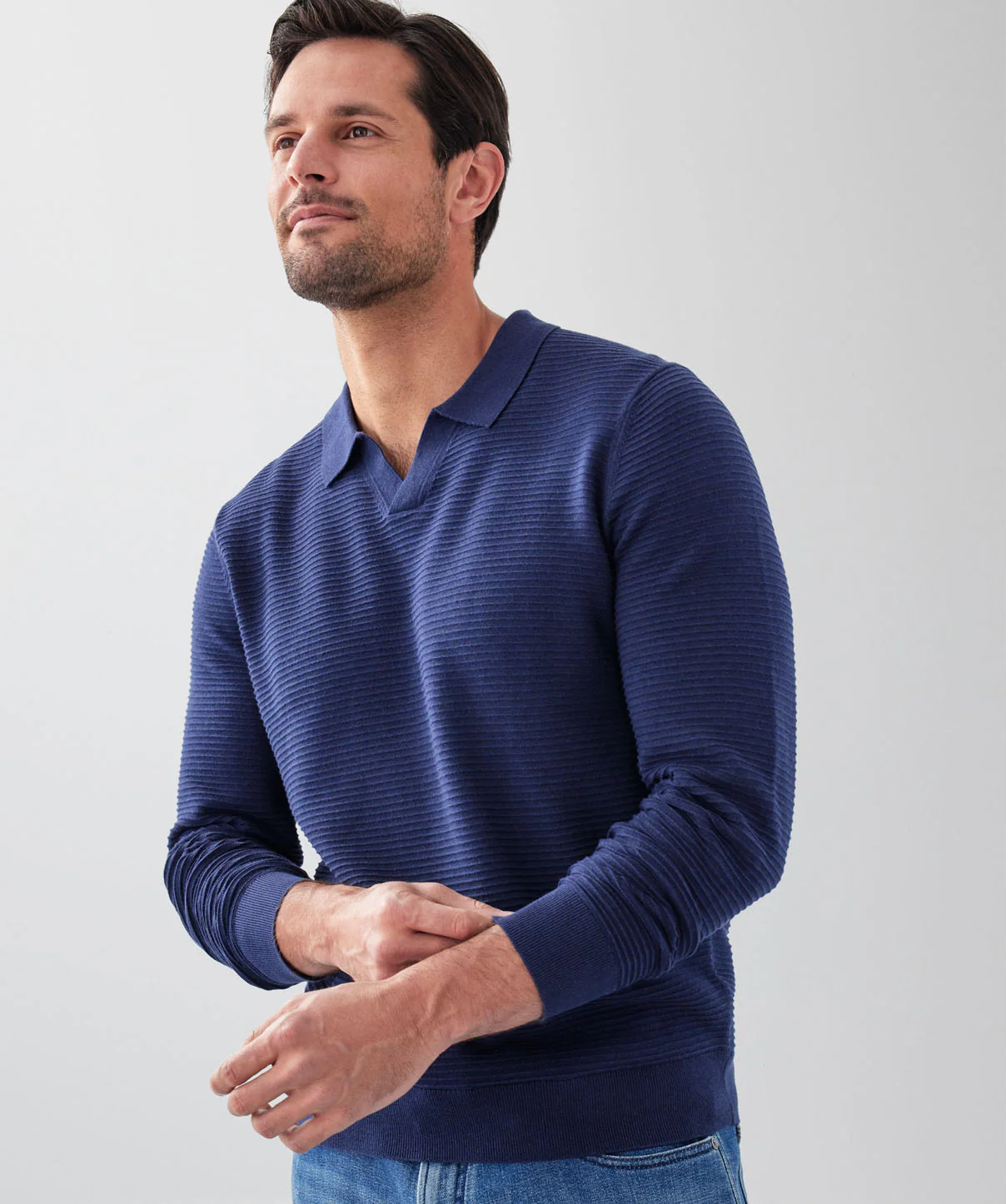 Long Sleeve Ottoman Knit Polo - Denim - Image 3