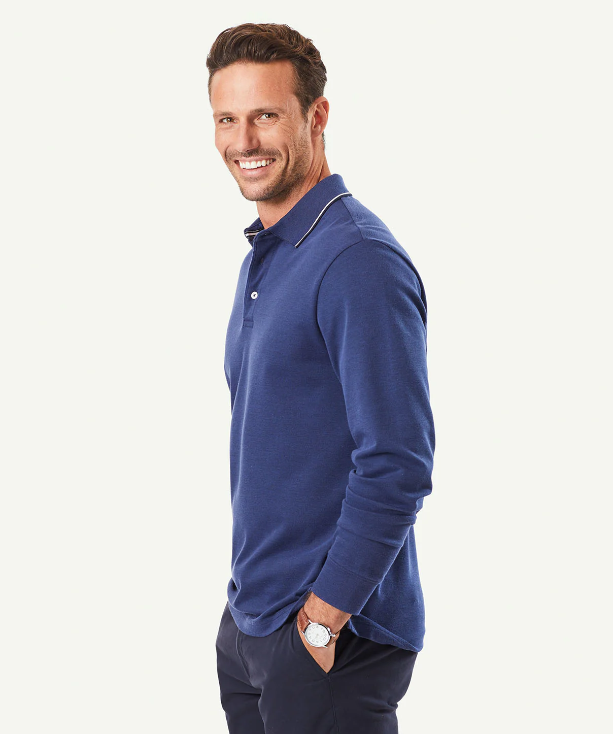 Long Sleeve Pique Polo - Navy - Image 5
