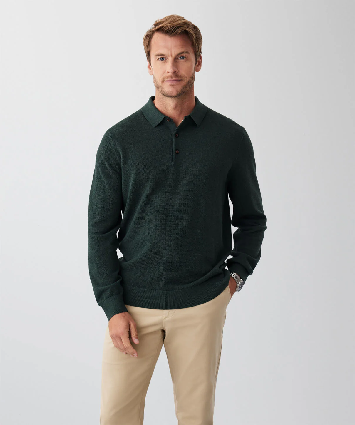 Long Sleeve Textured Knit Polo - Forest