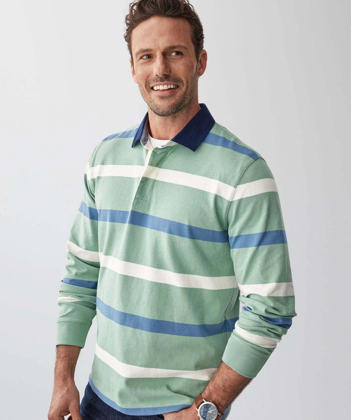 Multi Breton Stripe Rugby Jumper - Sage - Image 4