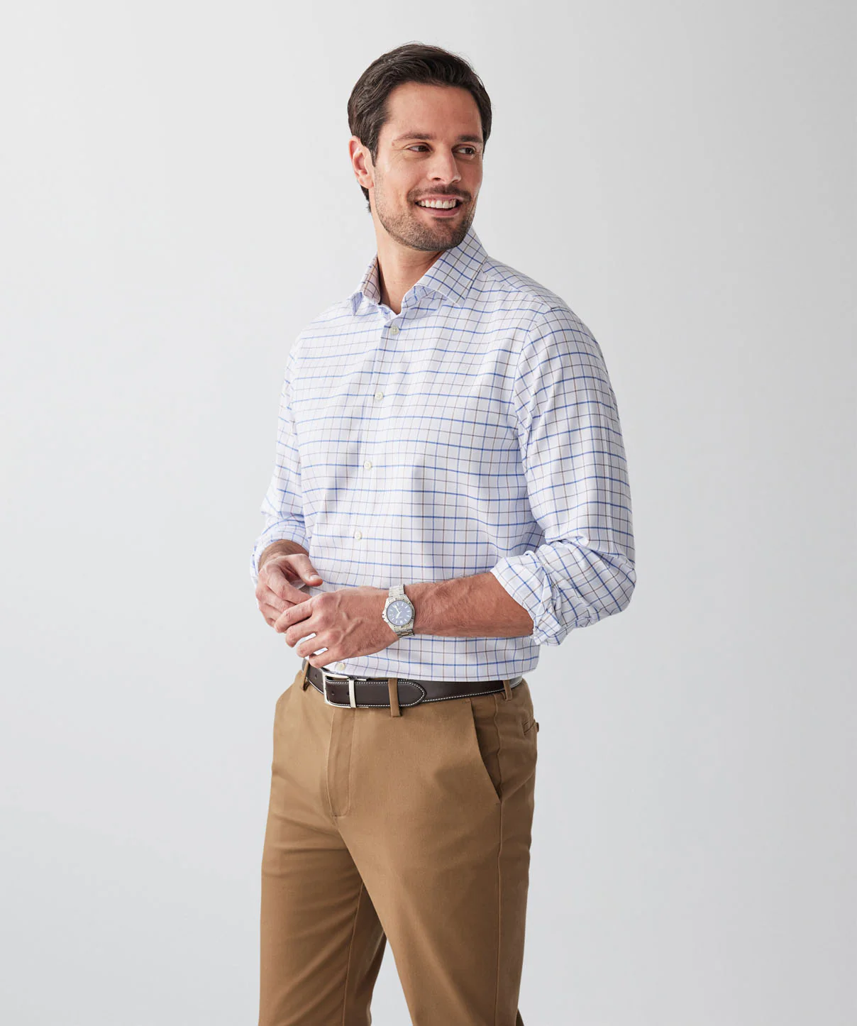 Non-Iron Dobby Check Long Sleeve Shirt - Sky Blue - Image 5