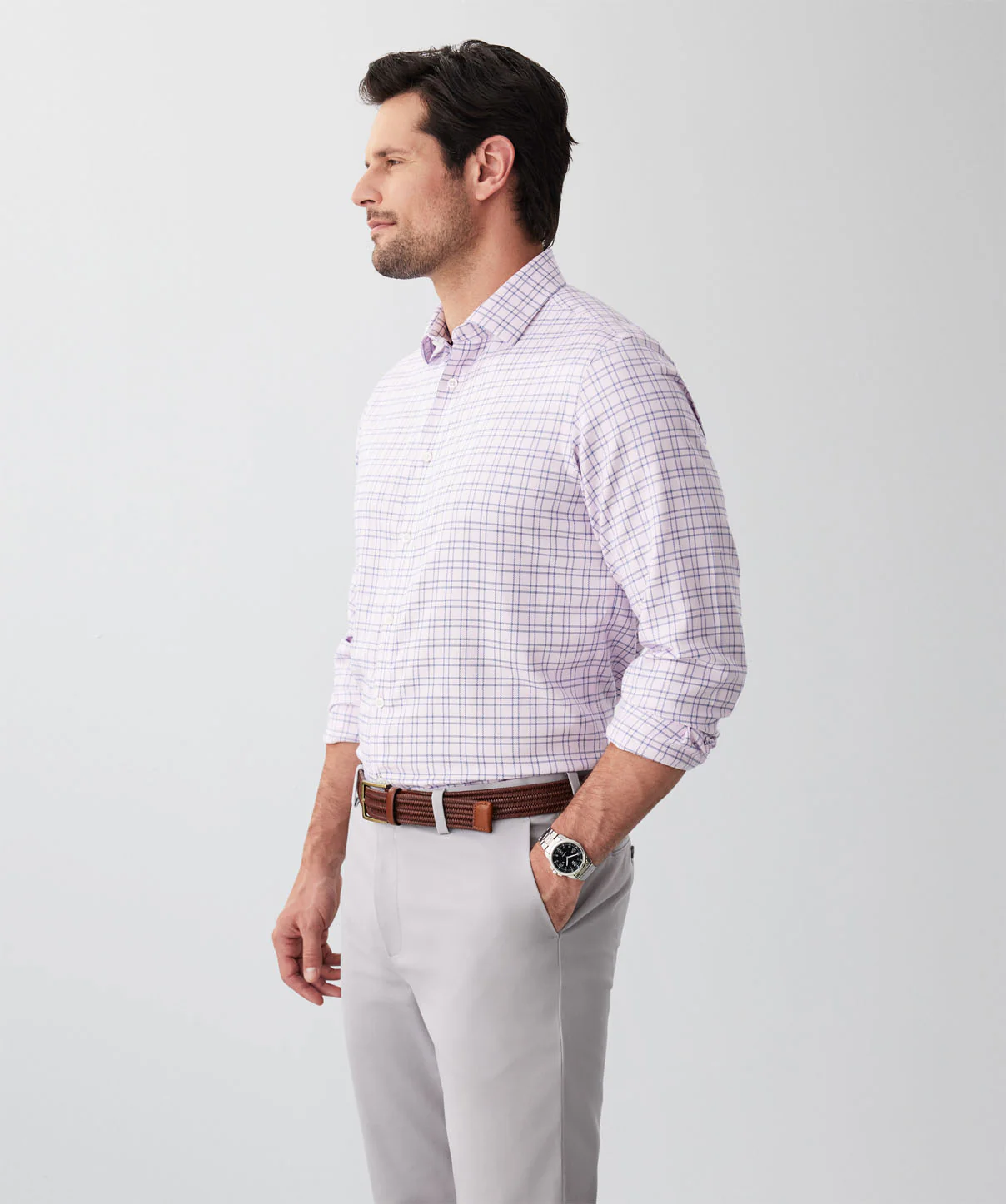 Non-Iron Textured Dobby Check Long Sleeve Shirt - Musk - Image 5