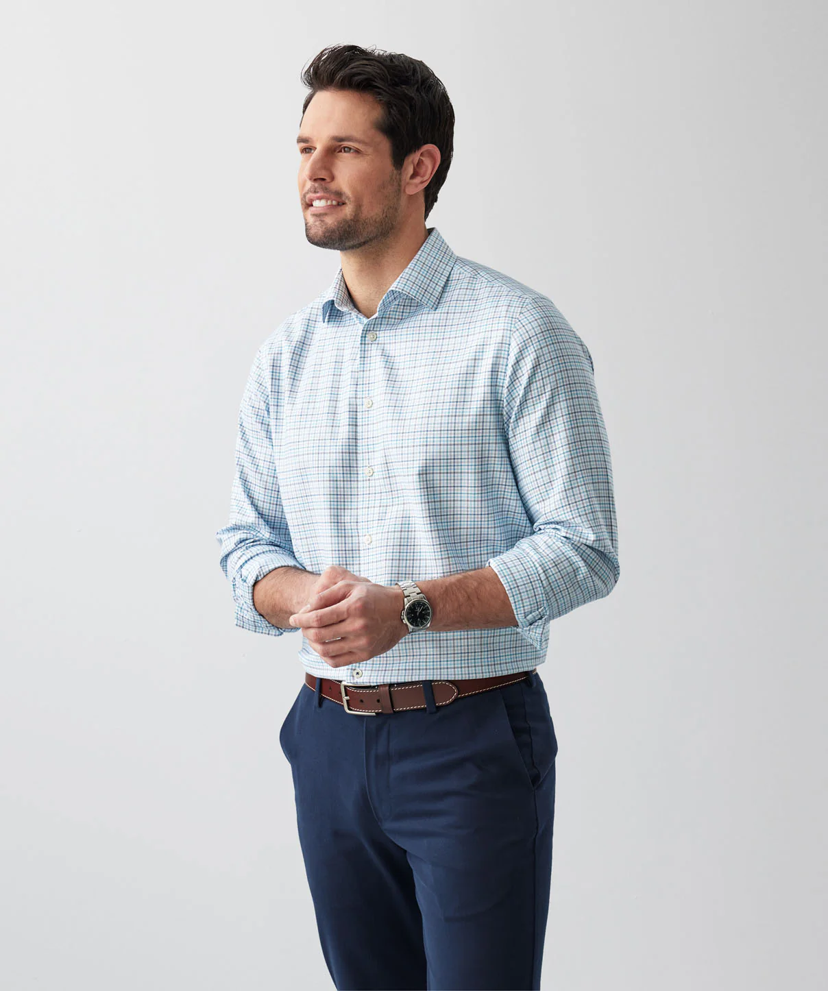 Non-Iron Twill Check Long Sleeve Shirt - Blue - Image 6