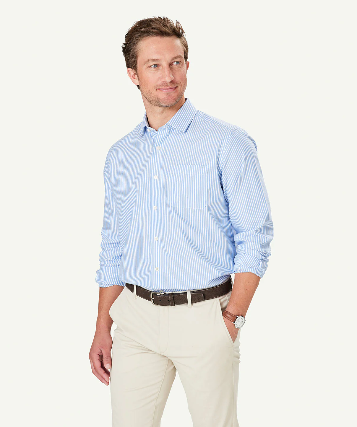 Non-Iron Twill Stripe Long Sleeve Shirt - Blue - Image 5