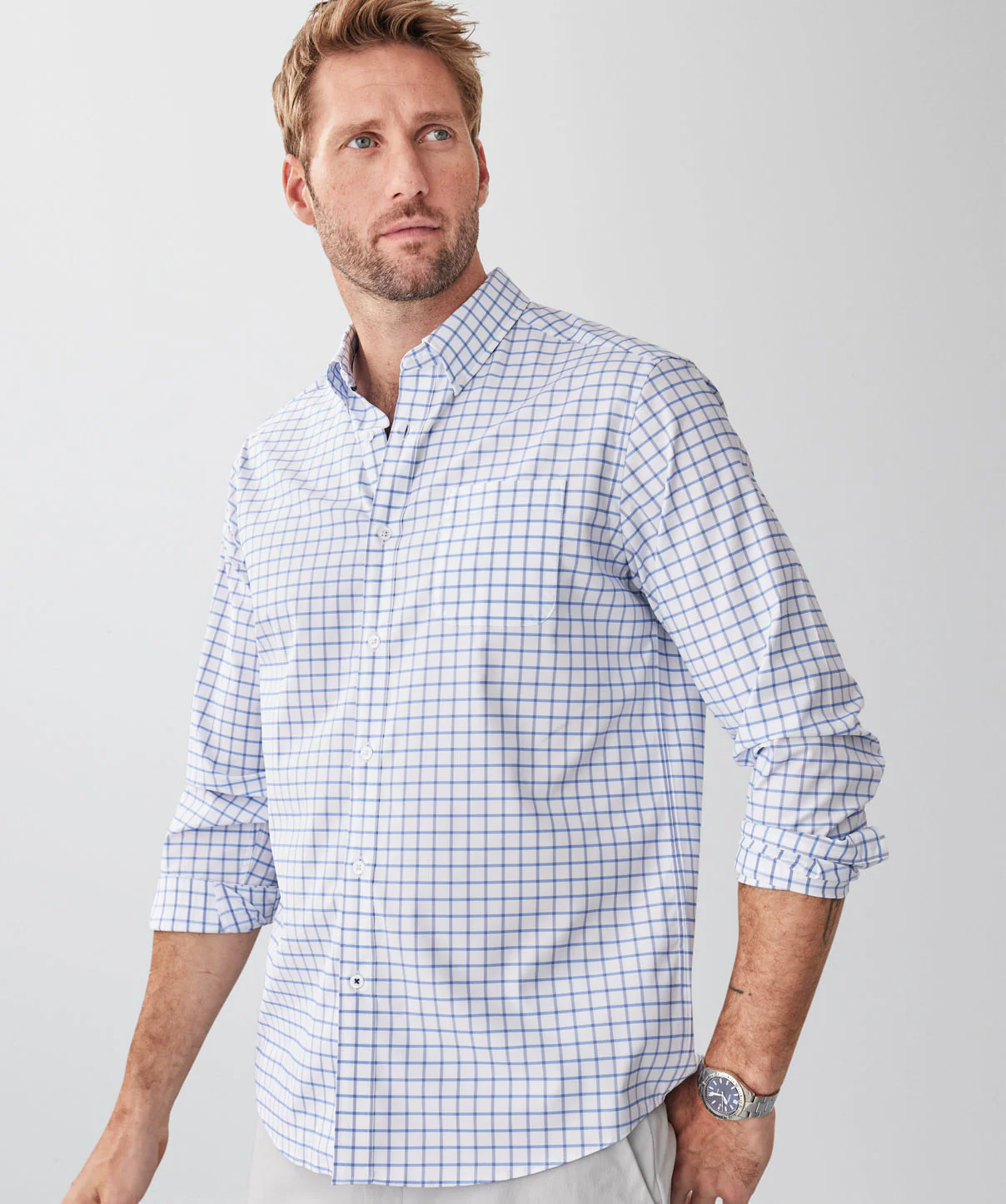 Performance Twill Check Long Sleeve Shirt - White - Image 3