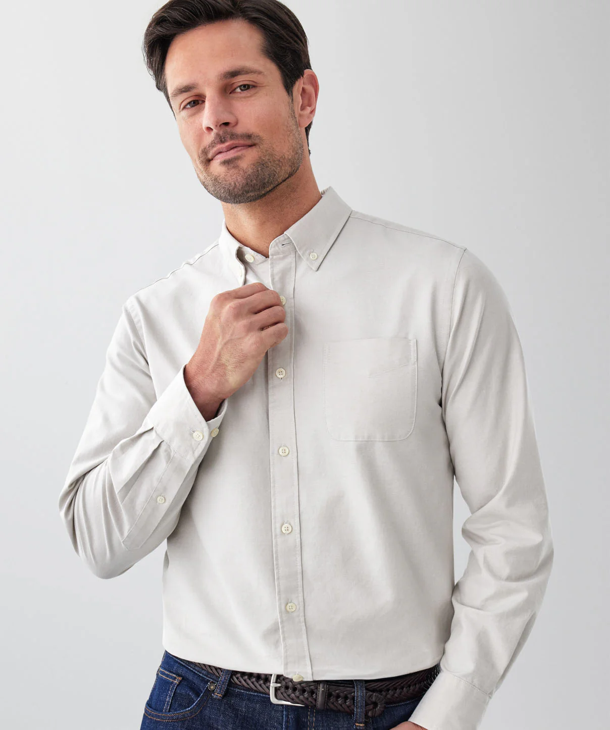 Plain Casual Oxford Long Sleeve Shirt - Stone - Image 3