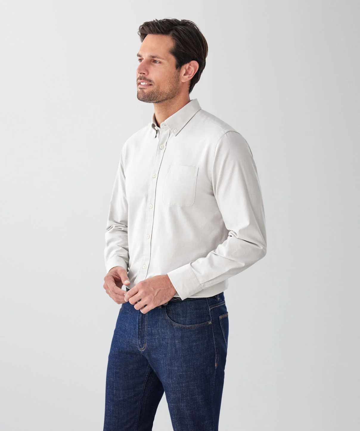 Plain Casual Oxford Long Sleeve Shirt - Stone - Image 5