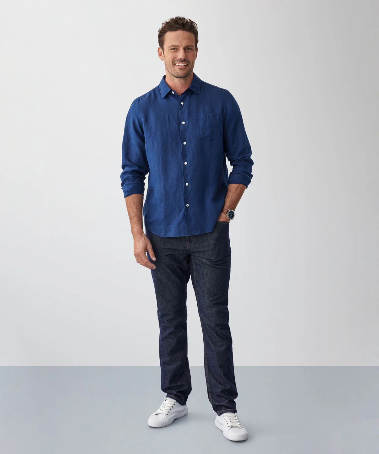 Pure French Linen Long Sleeve Shirt - Navy - Image 5