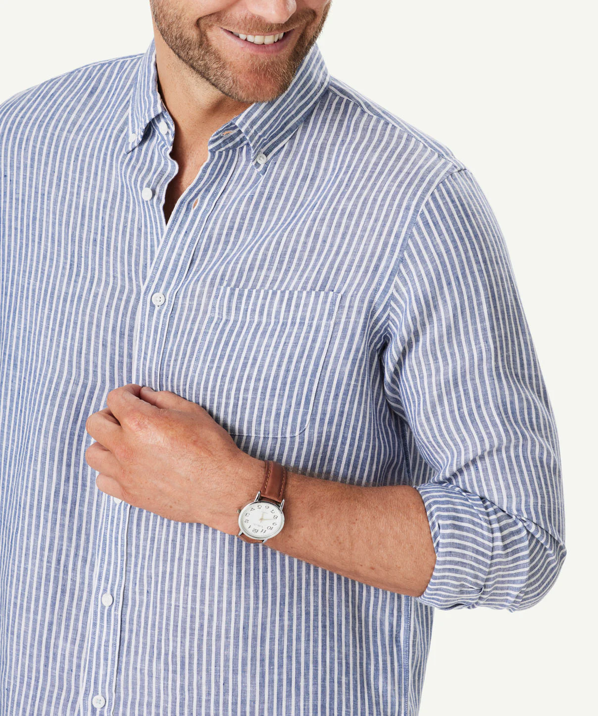 Pure French Linen Stripe Long Sleeve Shirt - Navy - Image 4