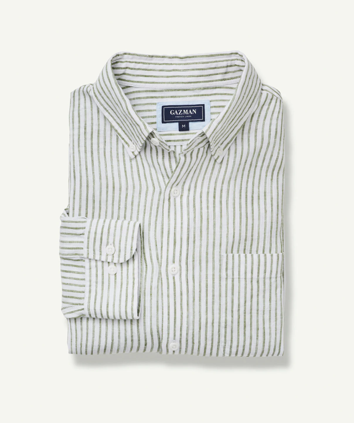 Pure French Linen Stripe Long Sleeve Shirt - Olive - Image 2