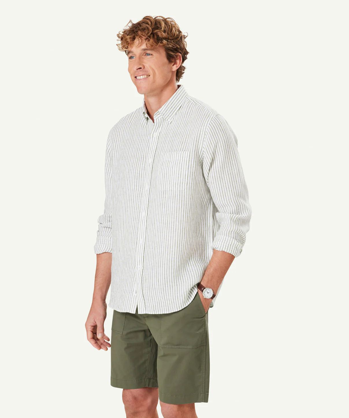 Pure French Linen Stripe Long Sleeve Shirt - Olive - Image 5