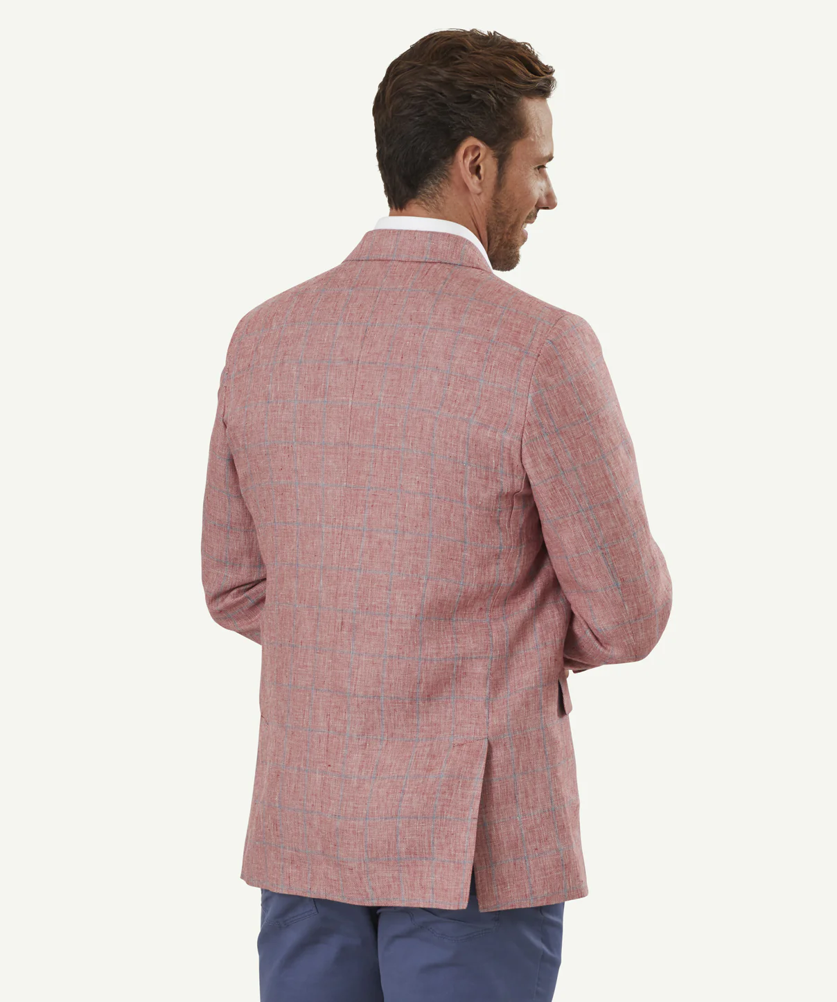 Pure Linen Dobby Check Sports Jacket - Coral Red - Image 3