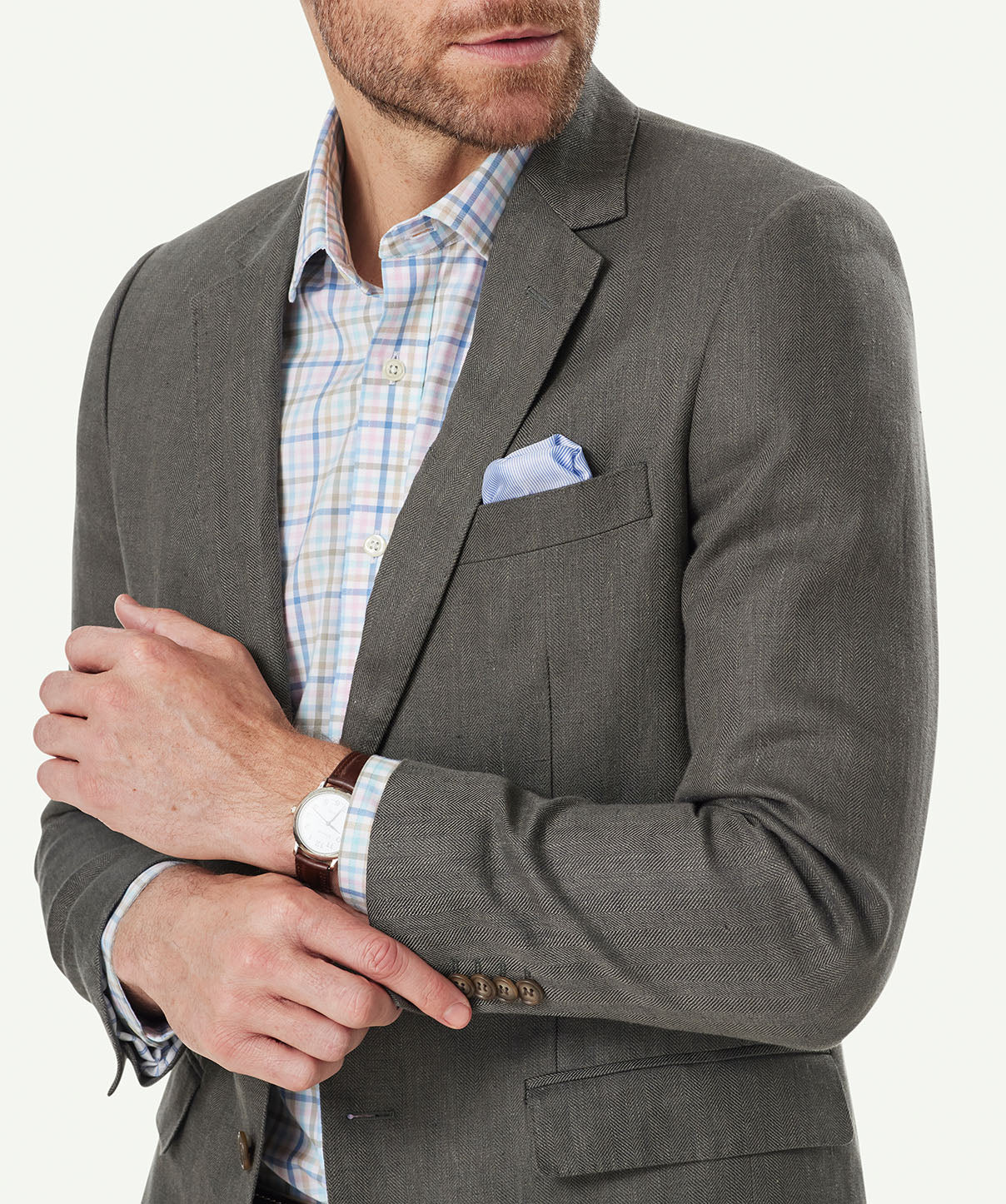 Pure Linen Herringbone Sports Jacket - Dark Olive - Image 4