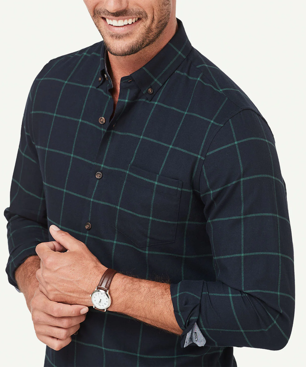 Tailored Brushed Twill Check Long Sleeve Shirt - Dark Navy - Image 4