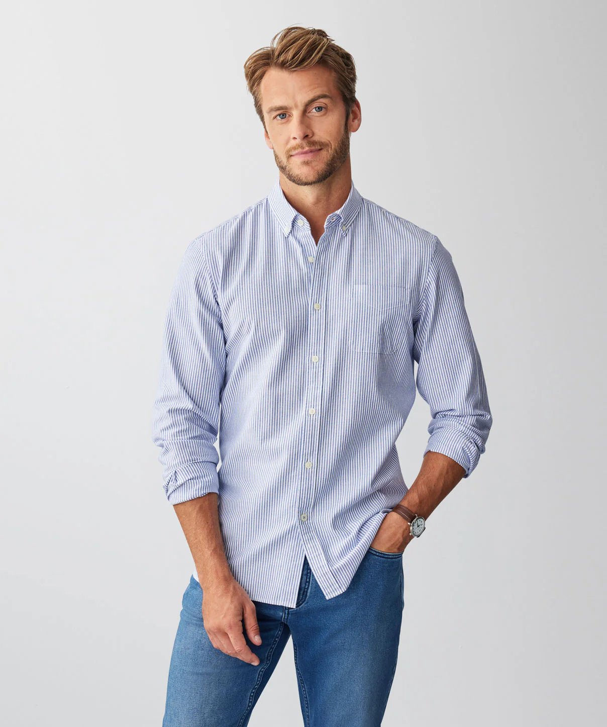 Tailored Casual Oxford Stripe Long Sleeve Shirt - Blue
