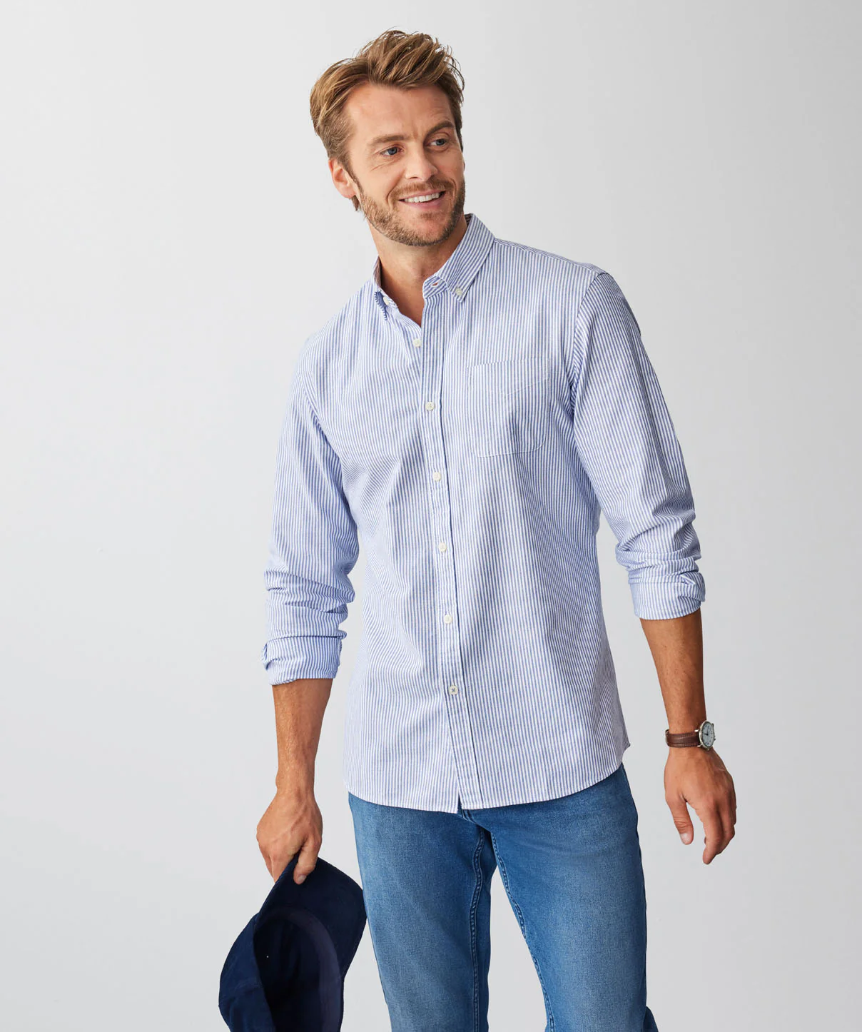 Tailored Casual Oxford Stripe Long Sleeve Shirt - Blue - Image 7