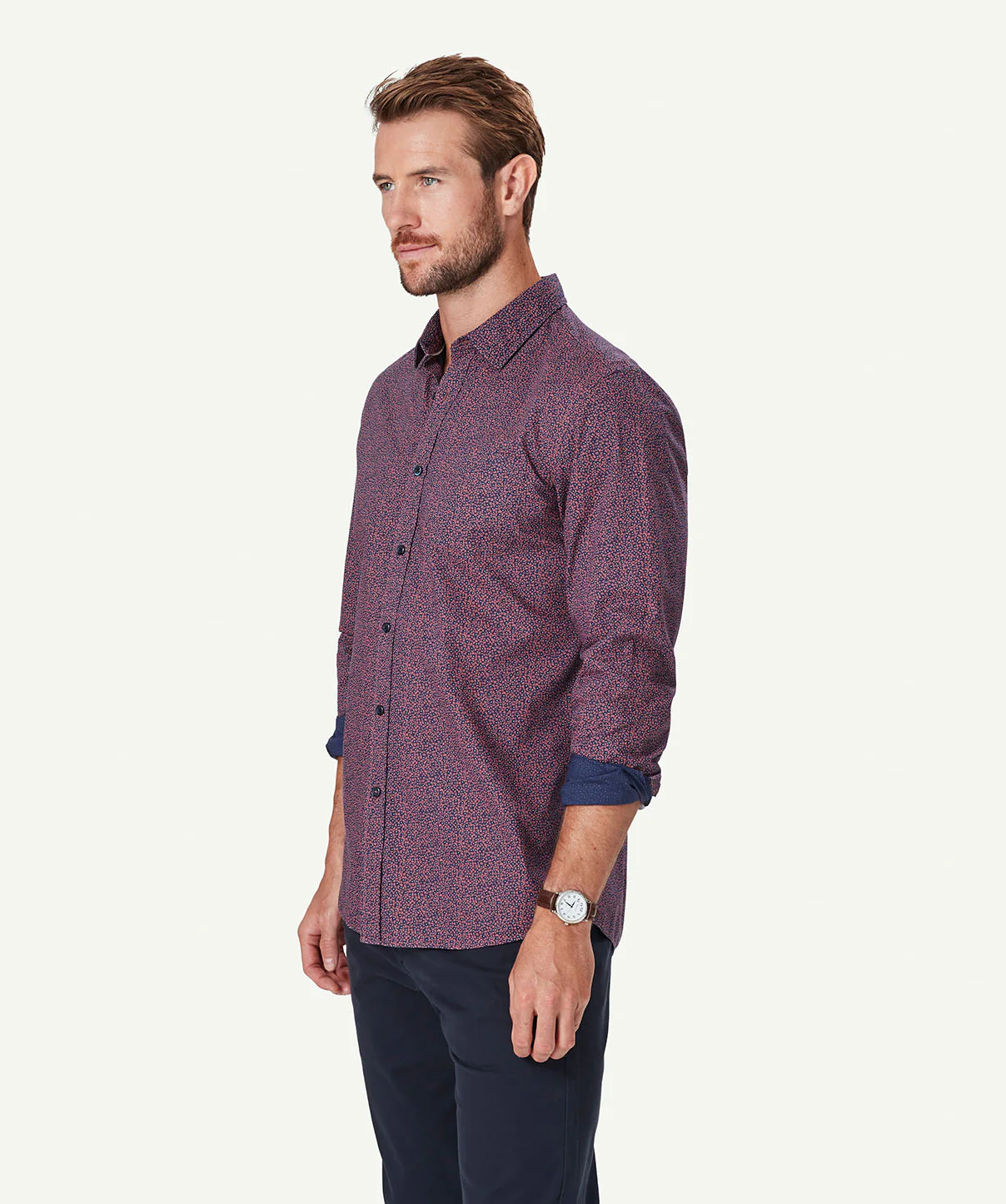 Tailored Casual Print Long Sleeve Shirt - Claret Red - Image 5