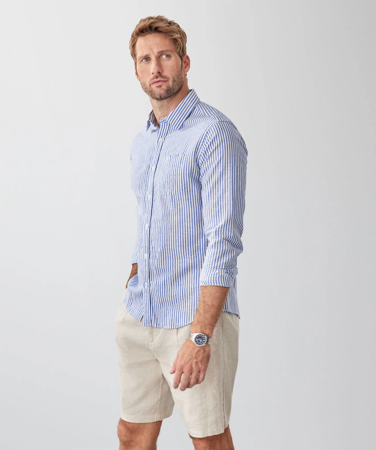 Tailored Fit Linen Blend Stripe Long Sleeve Shirt - Blue - Image 5