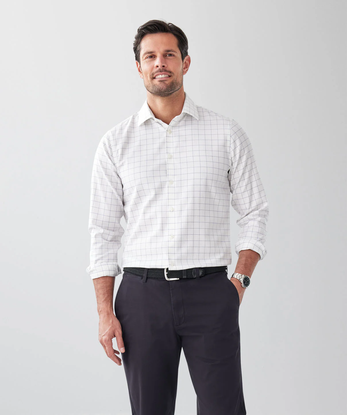 Tailored Fit Non-Iron Check Long Sleeve Shirt - White