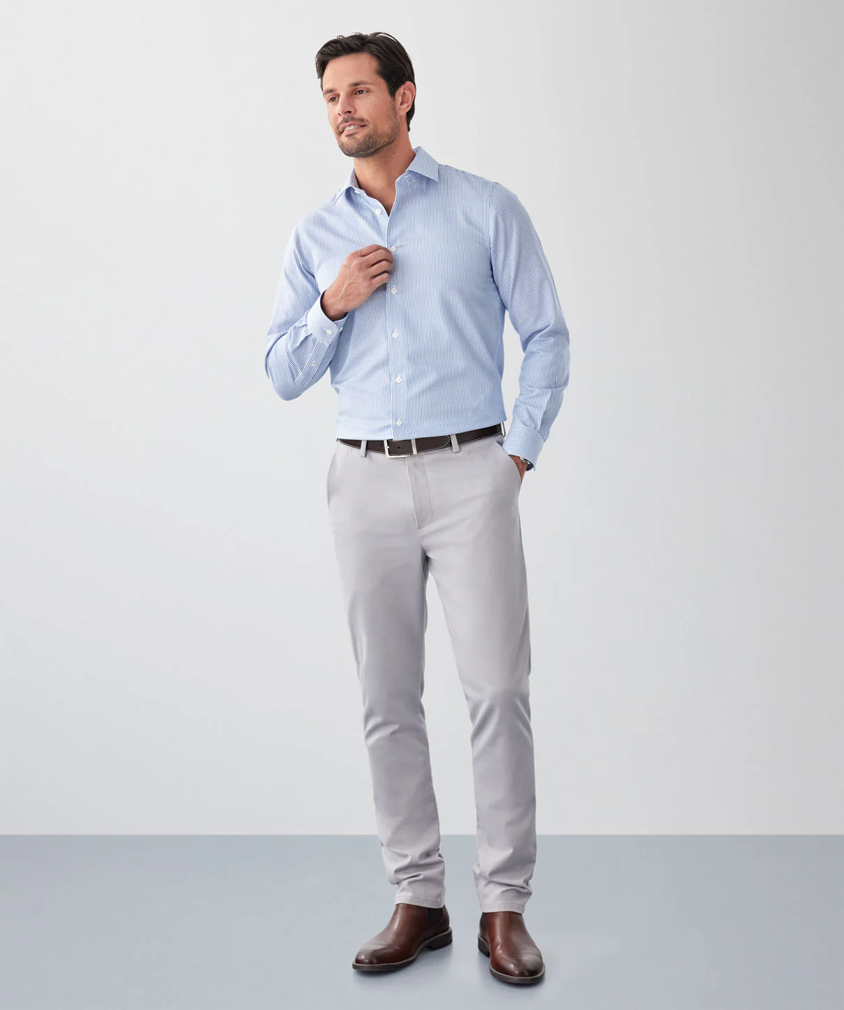 Tailored Fit Non-Iron Twill Stripe Long Sleeve Shirt - Blue - Image 4