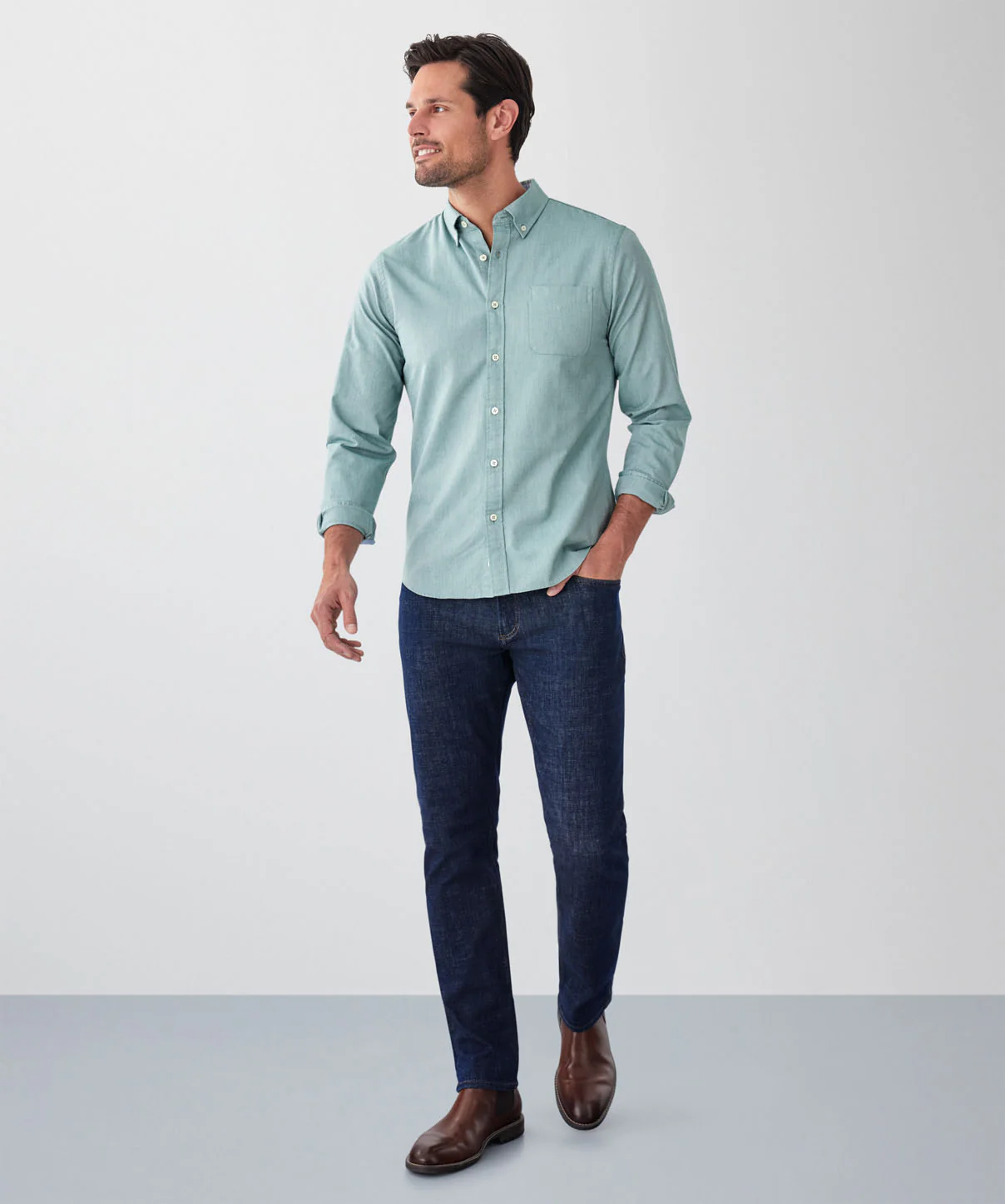 Tailored Fit Plain Casual Oxford Long Sleeve Shirt - Green - Image 4