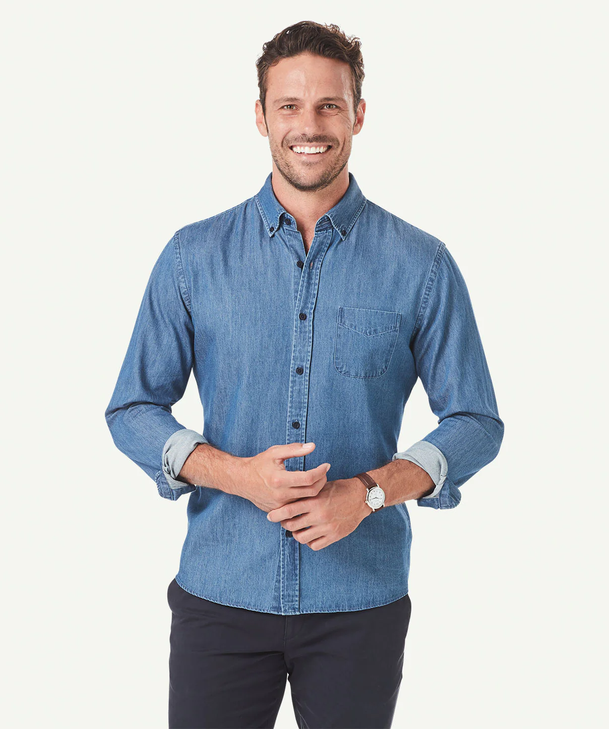 Tailored Fit Plain Denim Shirt - Denim